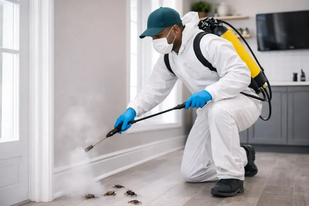 professional pest control team working inside a home in Allen, TX using safe treatment methods