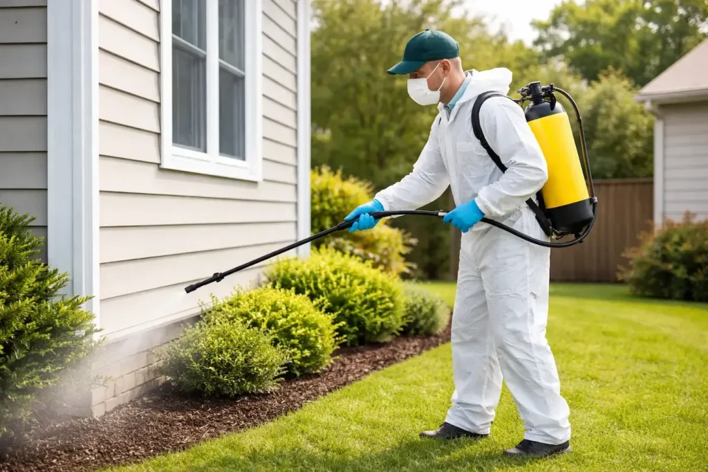 pest control technician spraying insects inside a home in Allen, TX for fast and reliable service